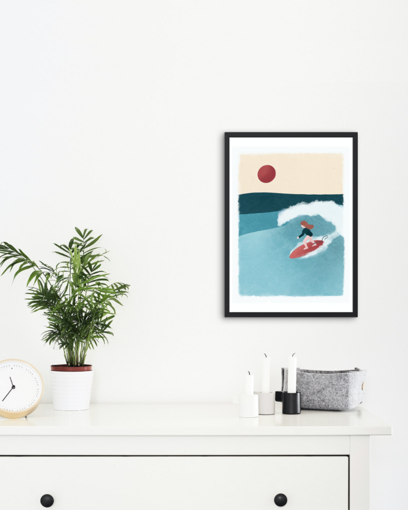 Affiche illustration de surfeuse océan Aurore Leprivey