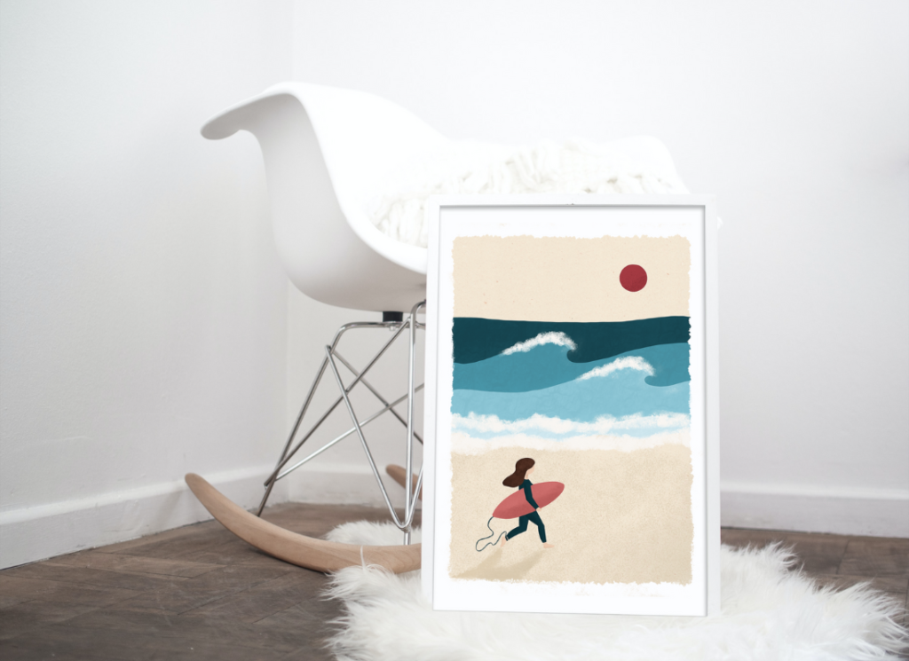 Affiche encadrée illustration de surfeuse océan Aurore Leprivey