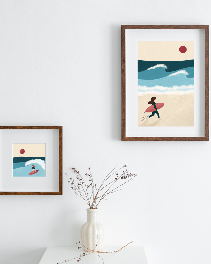 Affiche illustration de surfeuses dans l'océan Aurore Leprivey