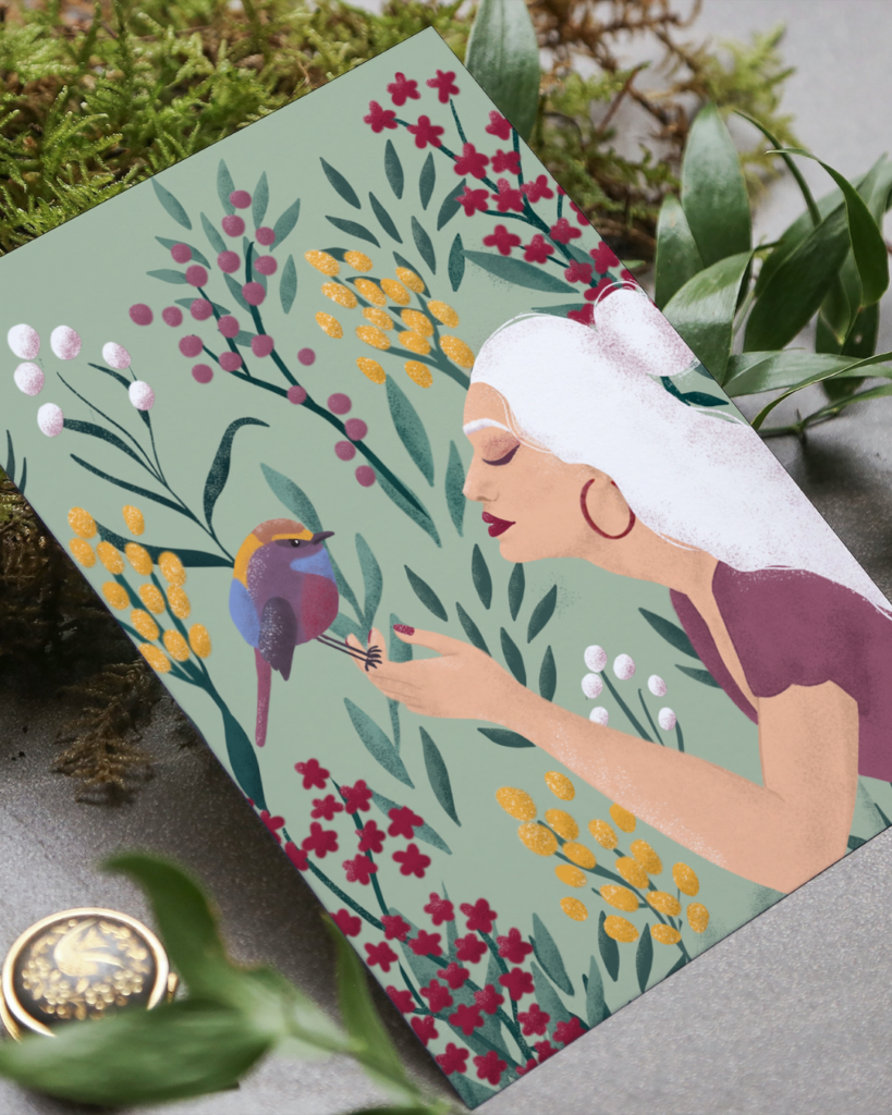 Carte illustration portrait oiseau et fleurs botanique Aurore Leprivey