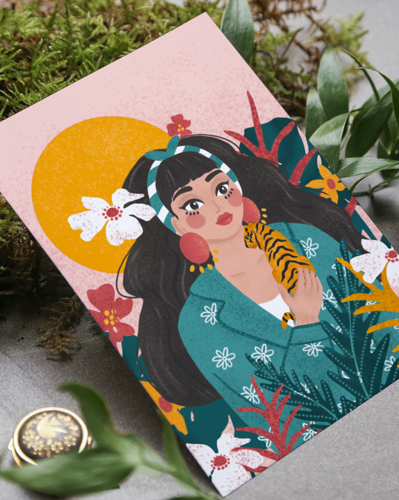 Illustration portrait femme, tigre et plantes Aurore Leprivey