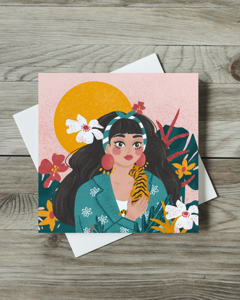 Illustration portrait femme, tigre et plantes Aurore Leprivey