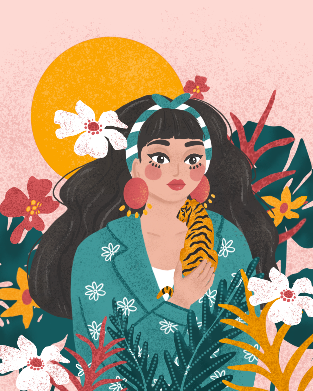 Illustration portrait femme, tigre et plantes Aurore Leprivey