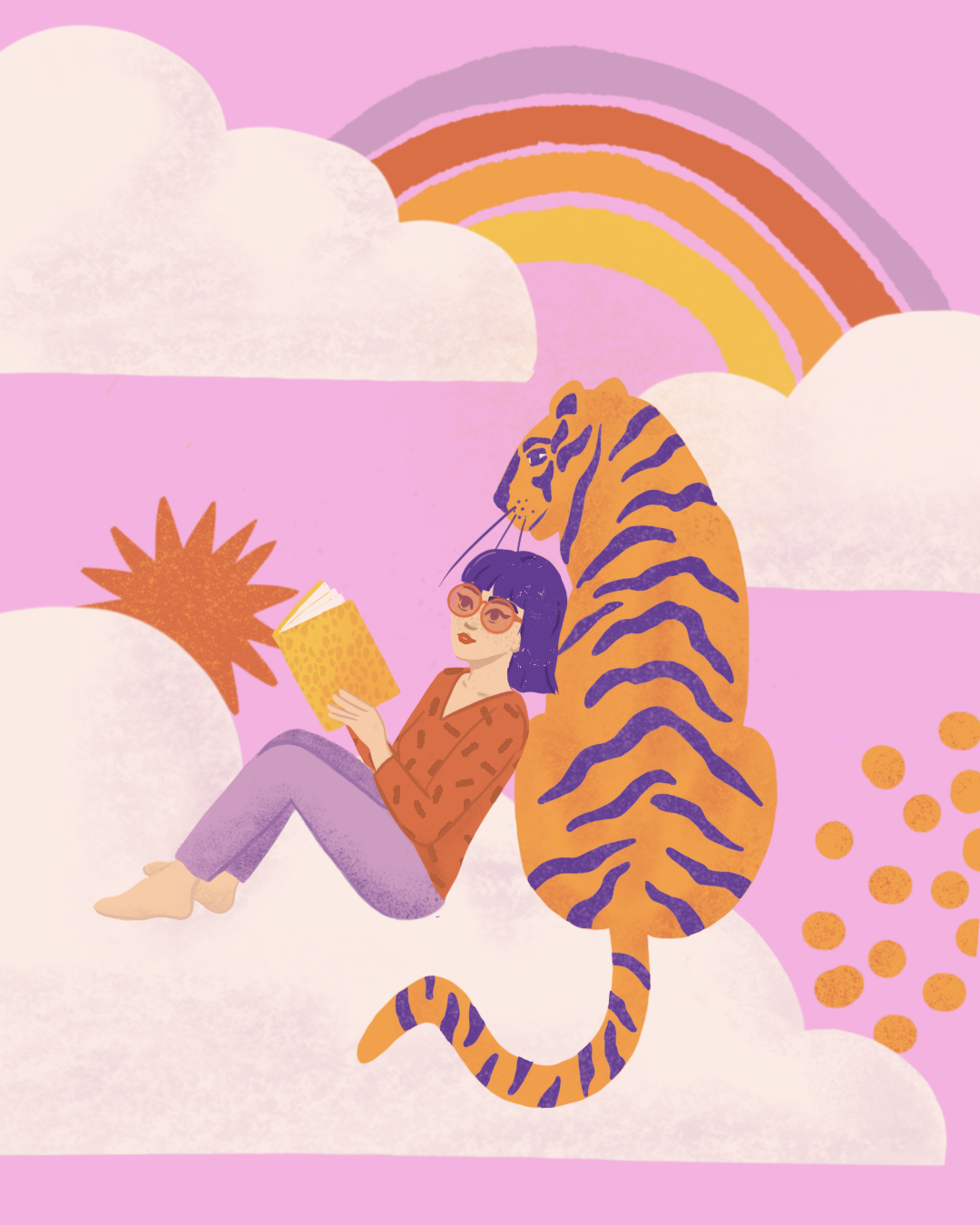 Illustration jeunesse femme et tigre dans les nuages Aurore Leprivey