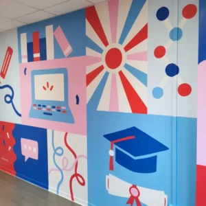 Fresque murale colorée CROUS Grenoble artiste Aurore Leprivey